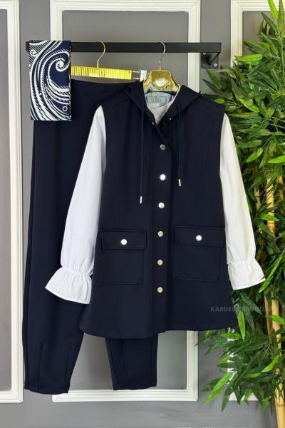 Üçlü Çıtçıtlı Yelekli Takım Lacivert