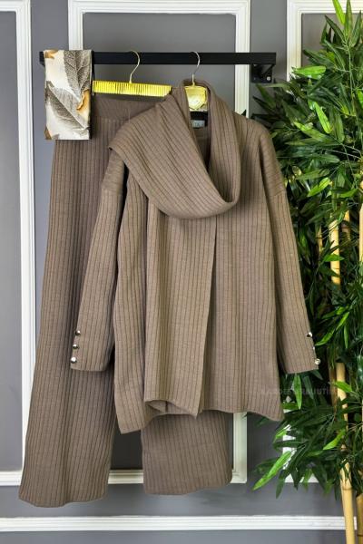 Üçlü Fitilli Triko Takım  Mocha