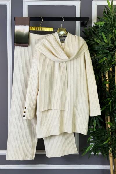 Üçlü Fitilli Triko Takım  Taş Rengi