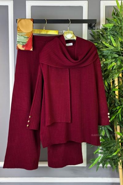 Üçlü Fitilli Triko Takım  Bordo