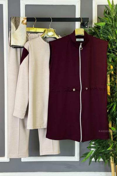 Üçlü Oyso Yelekli Takım Bordo