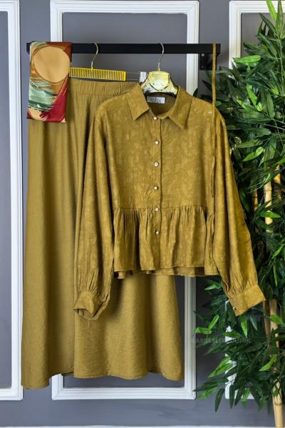 Üstü Desenli Etekli Takım Yağ Yeşili