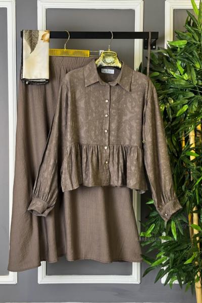 Üstü Desenli Etekli Takım Mocha