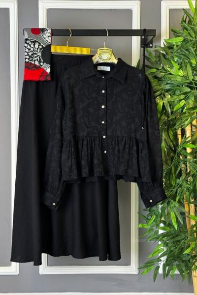 Üstü Desenli Etekli Takım Siyah