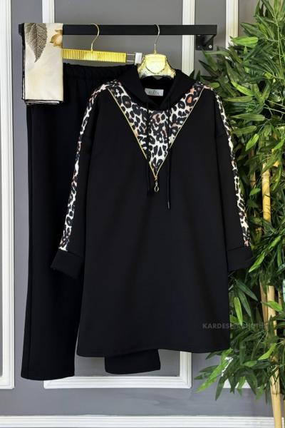 V Detaylı Leopar İkili Takım Siyah