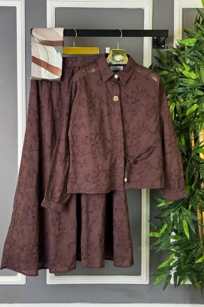 Yandan Bağlamalı Etekli Takım Kahverengi