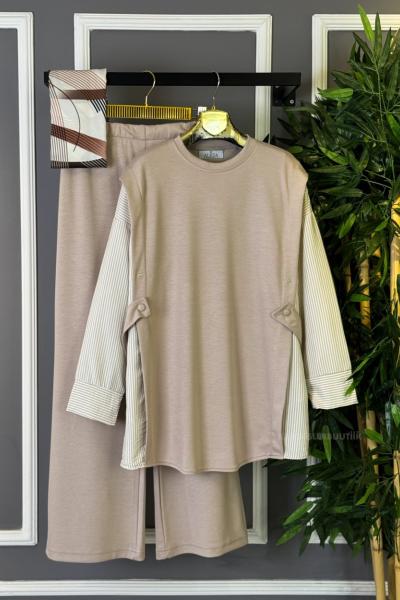 Yandan Çıtçıtlı İkili Takım Bej