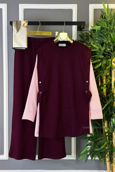 Yandan Çıtçıtlı İkili Takım Bordo