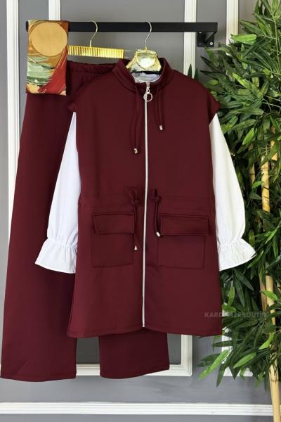 Yelekli Cepli Takım Bordo