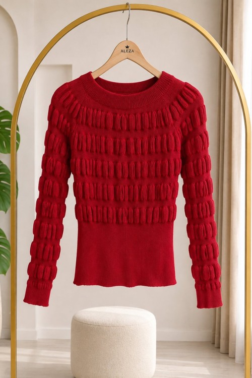 Kabartmalı Triko Kazak Kırmızı