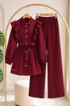 Fırfır Detaylı İkili Takım Bordo