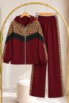 Fermuarlı Leopar İkili Takım  Bordo