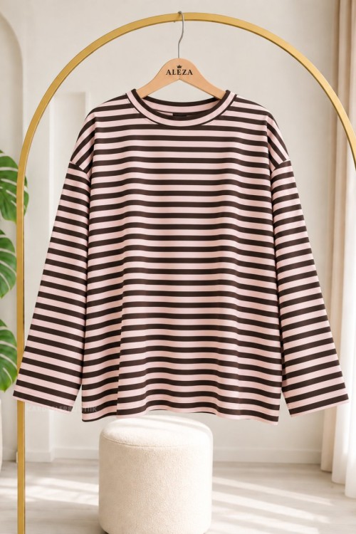 Basic Çizgili Tunik  Pudra