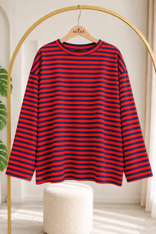 Basic Çizgili Tunik  Kırmızı