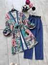 Desenli Keten Kimono Takım Mavi