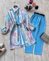 Desenli Keten Kimono Takım Bebe Mavisi