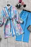Desenli Keten Kimono Takım Bebe Mavisi